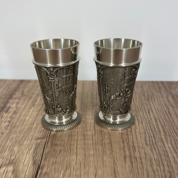 Feinzinn NK Pewter Shot Glasses German Theme Embossed Metal Barware Decor Set‎ - Picture 1 of 6
